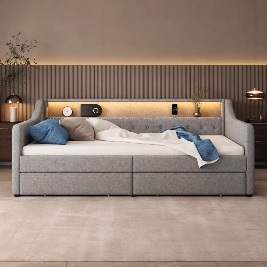 Daybed moderno in tessuto grigio con illuminazione LED, porta USB e 2 cassetti, L/P/H: 214 x 90 x 78,5 cm – 2