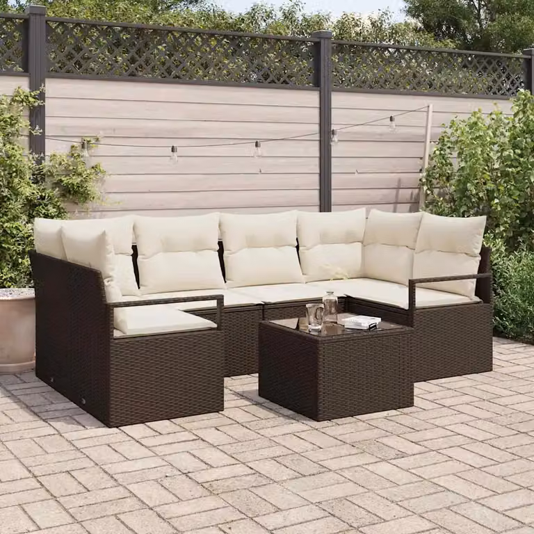 Set di divani da giardino vidaXL in rattan con struttura in acciaio e cuscini beige e marrone, composto da 7 pezzi per 7 posti