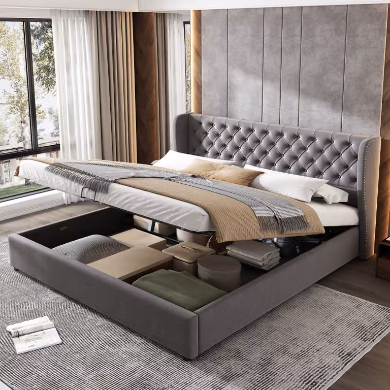 Letto imbottito Merax 160x200cm con rete a doghe e design a rivetti, letto a molle idrauliche con contenitore, letto matrimoniale in legno letto per ragazzi in velluto, grigio