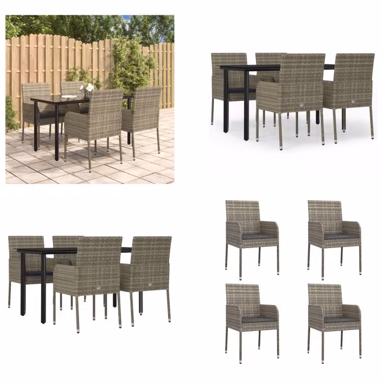vidaXL Set da pranzo da giardino 5 pezzi con cuscini in poly rattan nero e grigio - Set da pranzo da giardino - Set da pranzo da giardino - Set da pranzo da terrazza
