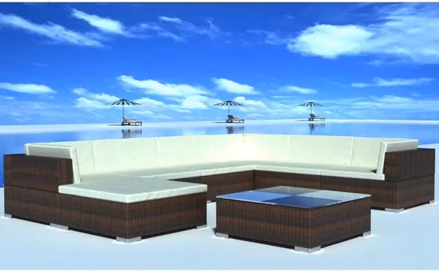 Set di Divani da Giardino a L vidaXL in Polyrattan Marrone e Bianco con Cuscini e Tavolino da Esterno