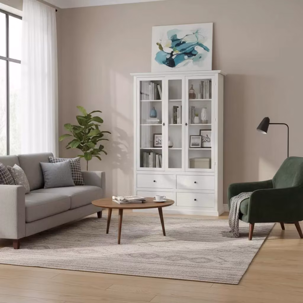 Vetrina in stile arte povera Mobili 2G con ante in vetro e 4 cassetti in legno bianco L: 118 cm, P: 40 cm, H: 185 cm – 2