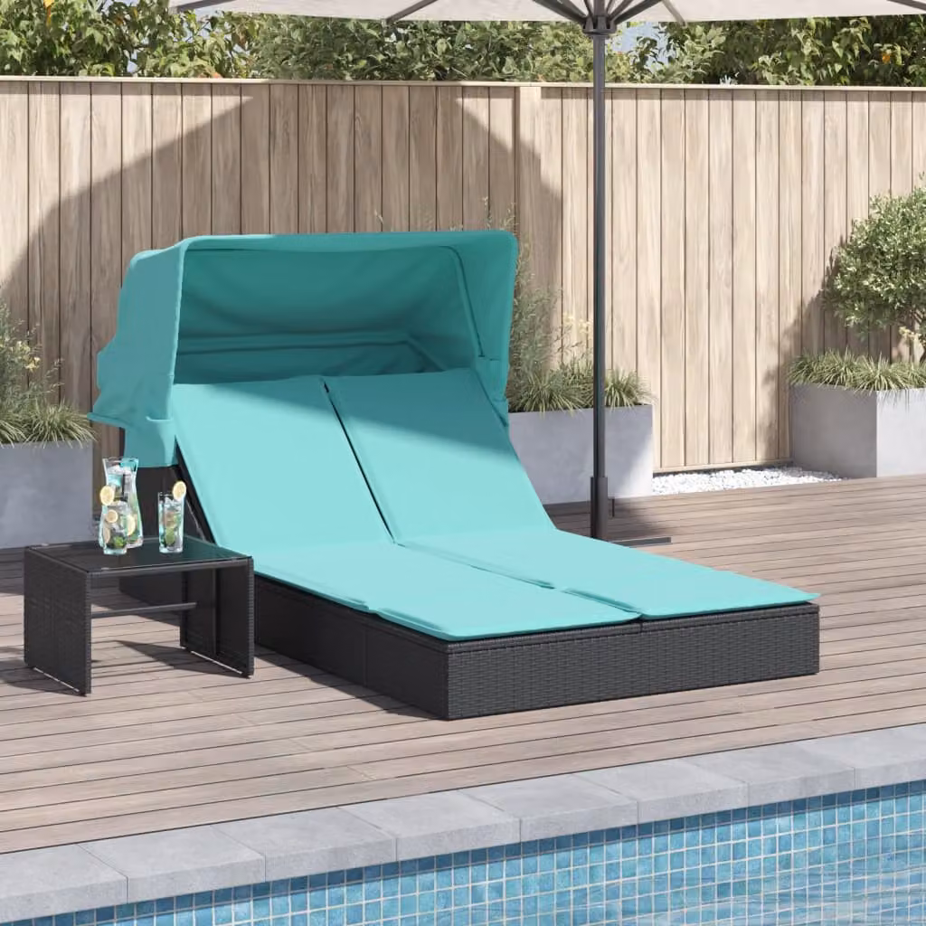 vidaXL Lettino prendisole doppio in Polyrattan nero con tettuccio e cuscini turchesi per giardino