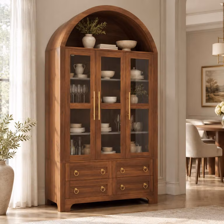 okwish: Mobile contenitore moderno con 4 cassetti, vano aperto ad arco, mobile per soggiorno con 3 ante in vetro, maniglie in alluminio, impiallacciatura di noce