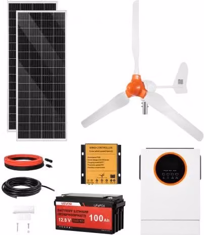 Kit Solare ed Eolico VEVOR 600W 12V con 2 Pannelli Monocristallini da 100W, Turbina Eolica 400W, Batteria LiFePO4 12,8V 100Ah e Inverter Ibrido 1000W Multicolore per Casa, Camper e Barca Off-Grid