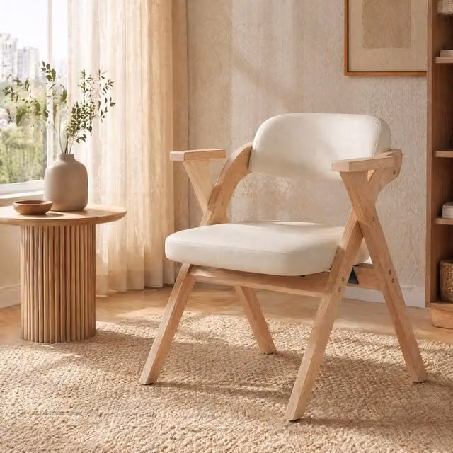 Set 2 sedie da pranzo pieghevoli ULEVR in legno massello con braccioli e seduta in lino beige