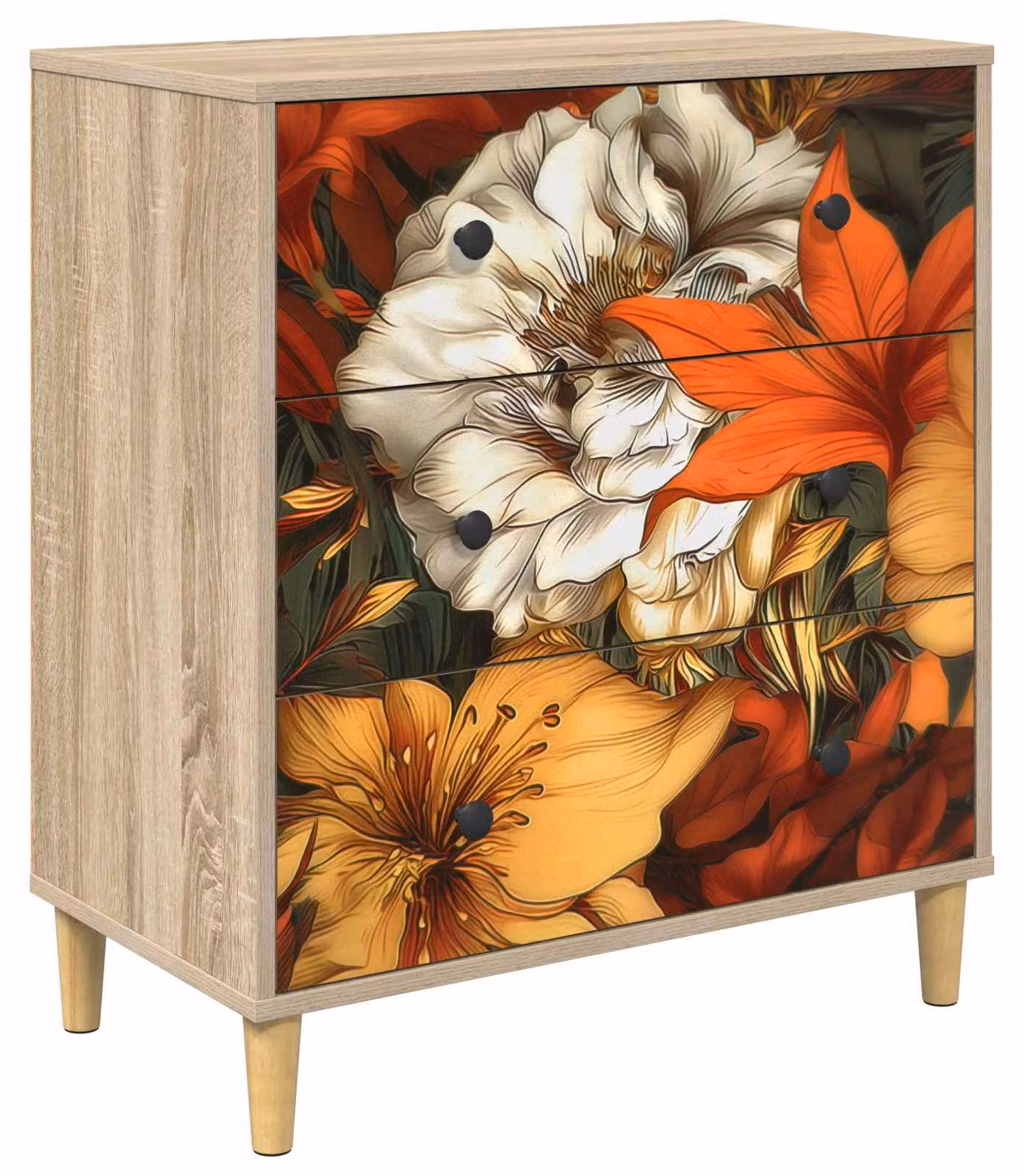 Comodino GENNEP, motivo a fiori di giglio, 66 x 36,5 x 75 cm, materiale composito di legno