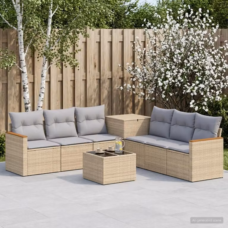 Set di divani da giardino vidaXL a forma di U in polyrattan con cuscini beige e grigio chiaro