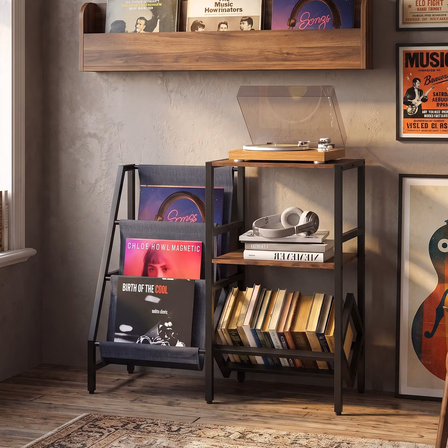 Costway Supporto per giradischi a 3 livelli per 400 album con 3 borse in tessuto, Mobile porta dischi vinili in metallo e legno per soggiorno e camera da lett