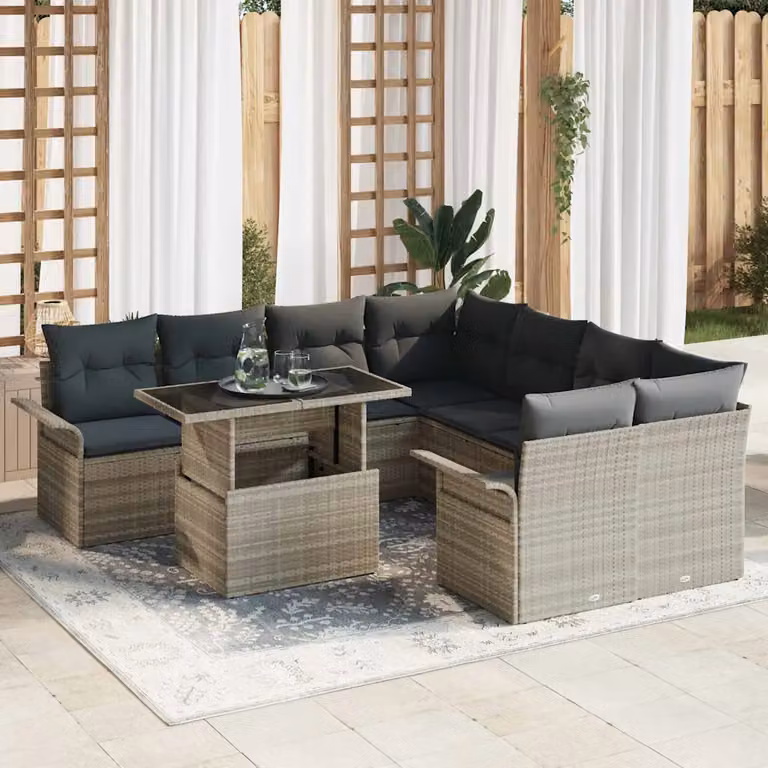Set Divano da Giardino L-Shape vidaXL in Polyrattan Grigio con Tavolino e Cuscini