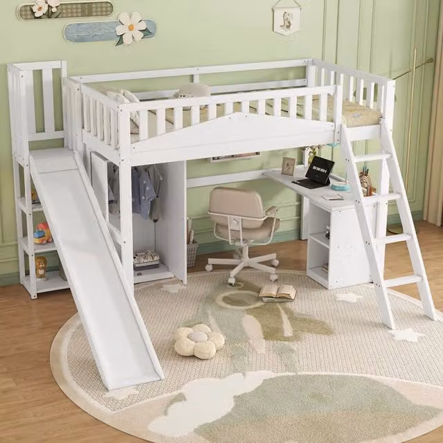 Letto a castello per bambini 1 posto 90 × 200 cm con scivolo, scrivania, armadio e ripiani, senza materasso, bianco