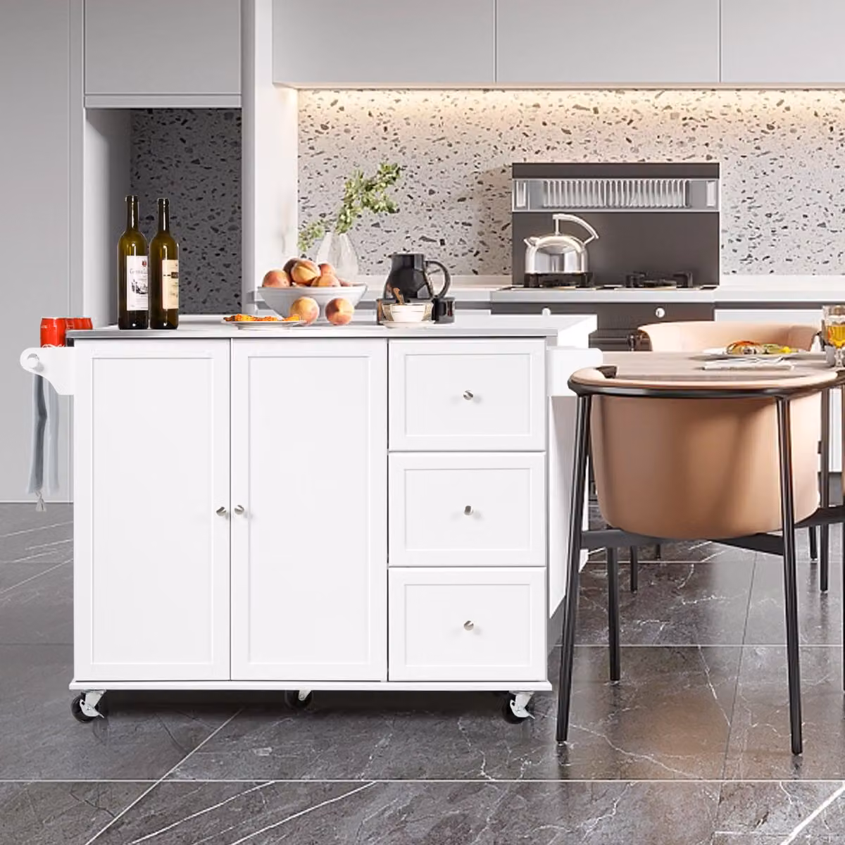 Carrello da cucina Isola Costway con piano in acciaio, 3 cassetti e 2 ante, Bianco, L/P/H: 135 x 45,5 x 91,5 cm – 2