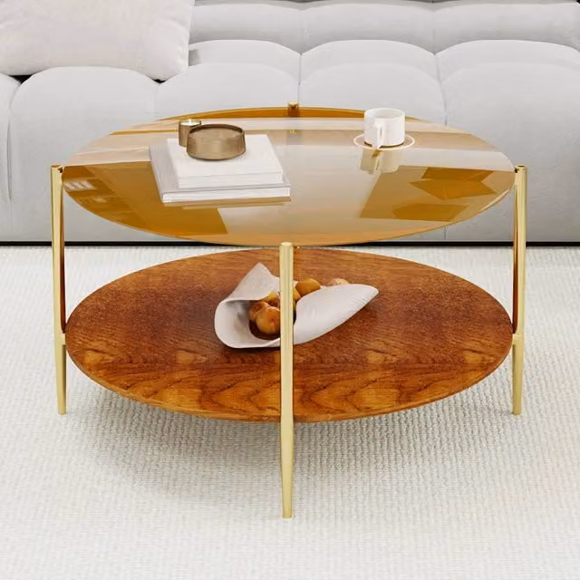 Tavolino da soggiorno moderno e minimalista, piano rotondo in vetro dorato con ripiano inferiore in legno, bello e pratico