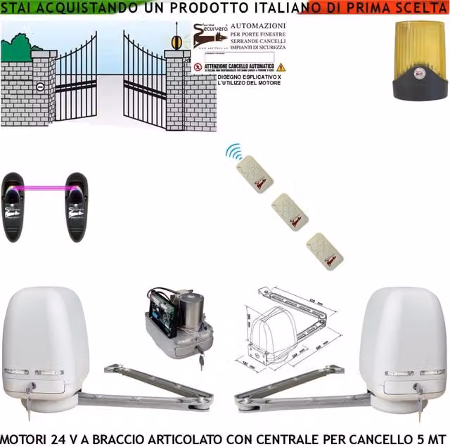 Cancello Automatico Kit Motori a Braccio Articolato 24 V 2 Ante da 0,5 a 2,5 MT Centrale 220/24 V 3 Radiocomandi Faro Fotocellule