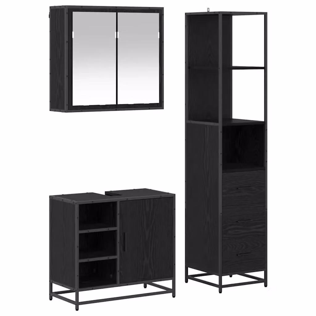 Set di mobili per il bagno moderno vidaXL in 3 pezzi, colore nero e rovere, con armadietto a specchio, mobile lavabo e colonna alta, L/P/H: 65 x 33 x 166 cm – 2