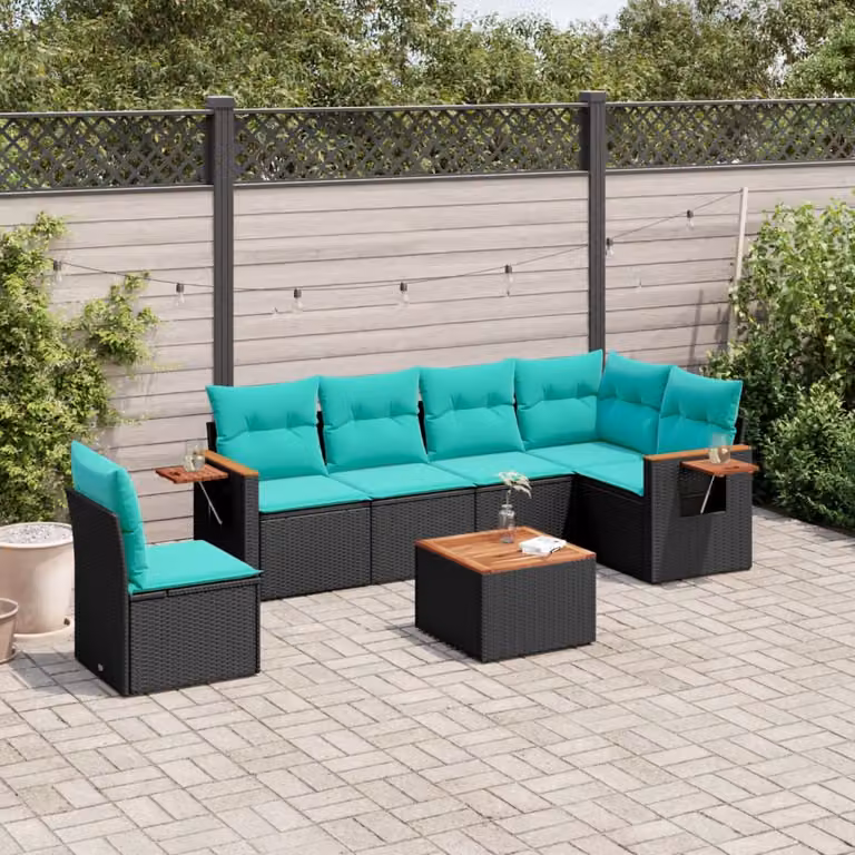 Set di divani da giardino vidaXL 7 pz in polyrattan nero con cuscini e tavolino da esterno a forma di L