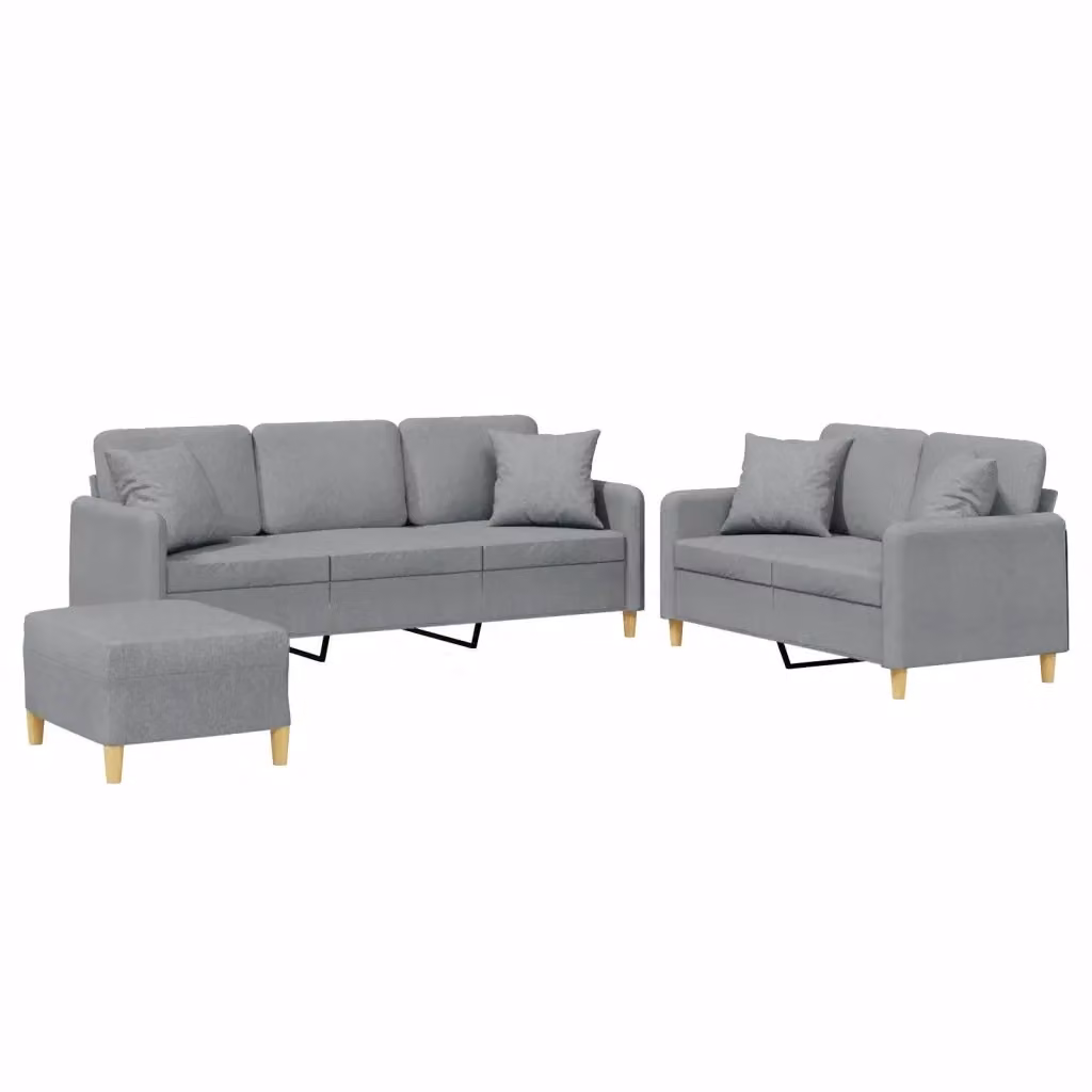 Set di divani vidaXL 3 pezzi con pouf e cuscini in tessuto grigio per soggiorno – 2