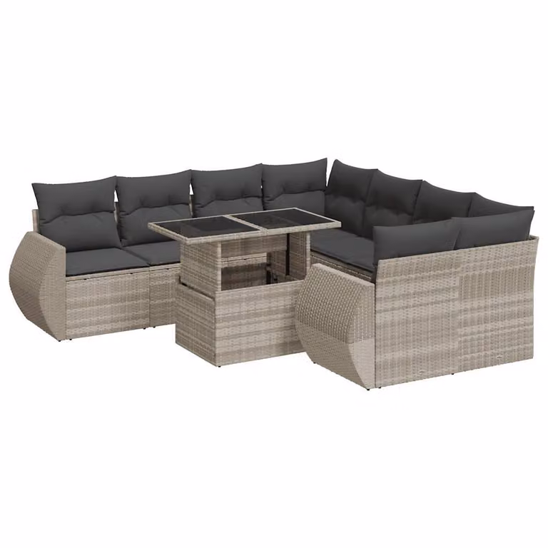 Set Divano da Giardino 9pz con Cuscini Grigio Chiaro Polyrattan