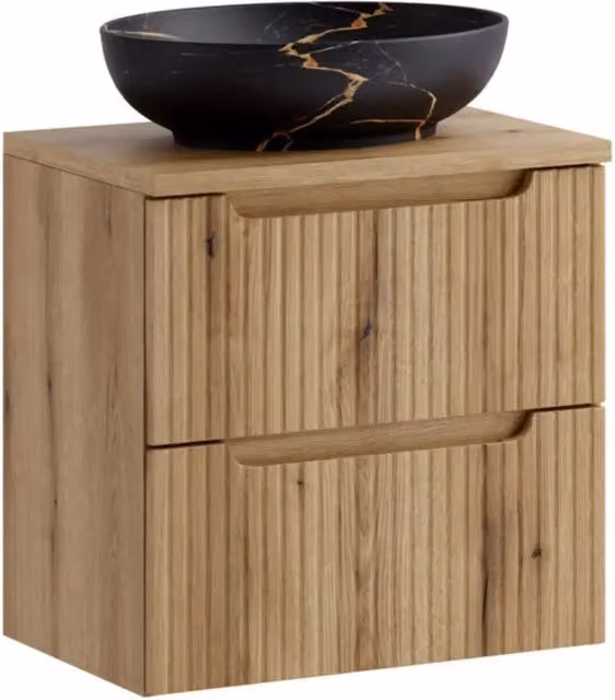 Set da bagno VANO in rovere chiaro 60cm: mobile sottolavabo con cassetti + piano per lavabo + lavabo da appoggio nero marmorizzato