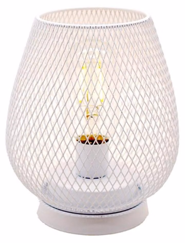 Lampada da tavolo a LED, bianca, con struttura in metallo a gabbia, alimentata a batteria, dimensioni 17x15,5 cm
