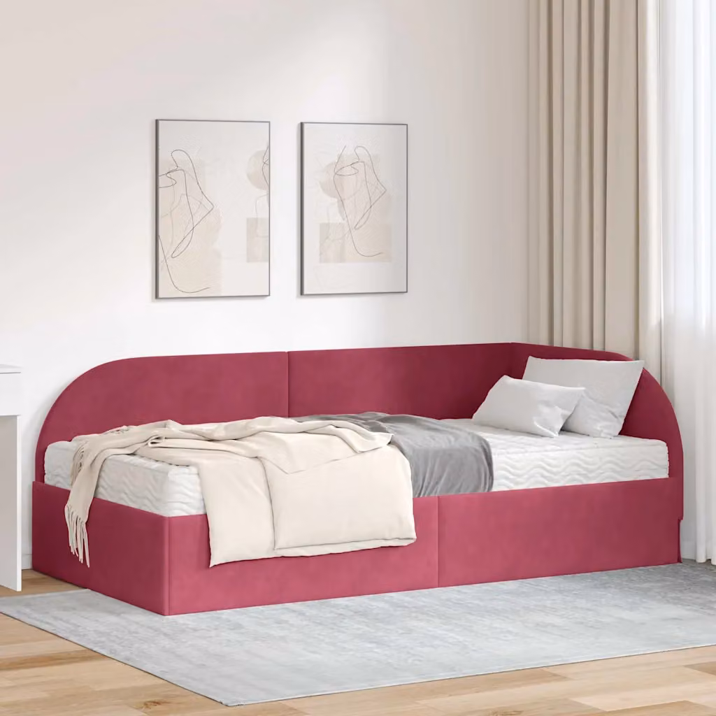 vidaXL Letto Angolare Moderno in Velluto Rosso con 2 Materassi in Schiuma L/P/H: 204 x 90 x 72 cm – 1