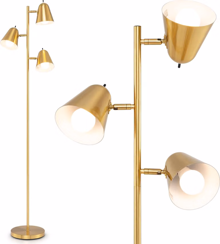 COSTWAY lampada da terra 3 fiamme 163cm, lampada da terra con 3 lampadine E27, paralumi regolabili a 360° e base pesante, lampada da lettura Golden