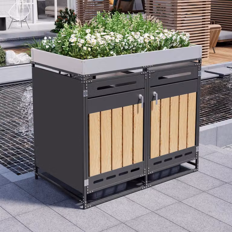 Contenitore per bidoni della spazzatura, adatto per 2 bidoni, con fioriera integrata, 2 scomparti separati, sistema di ventilazione, porte con serratura e catena di sicurezza, realizzato in ferro, colore nero