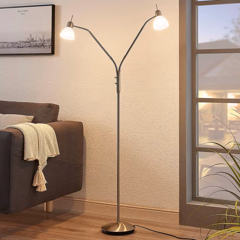 Lampada da terra Gwendolin Lindby, Alluminio / Grigio / Zincato, Soggiorno / Sala da pranzo, Metallo, Moderno, Lampada da terra