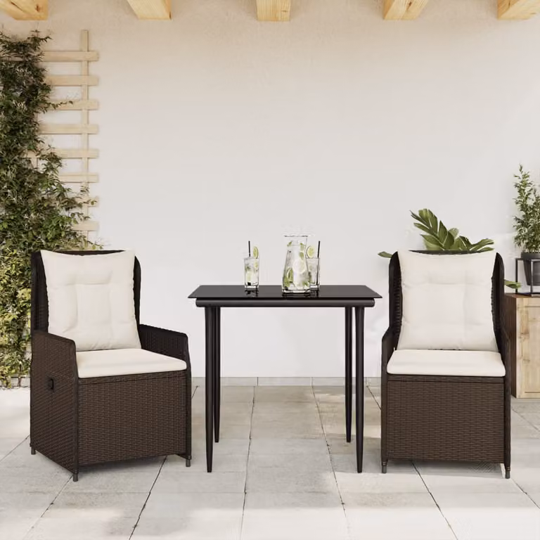 Set da Pranzo da Giardino 3pz vidaXL in Polyrattan Marrone con Cuscini e Tavolo in Vetro