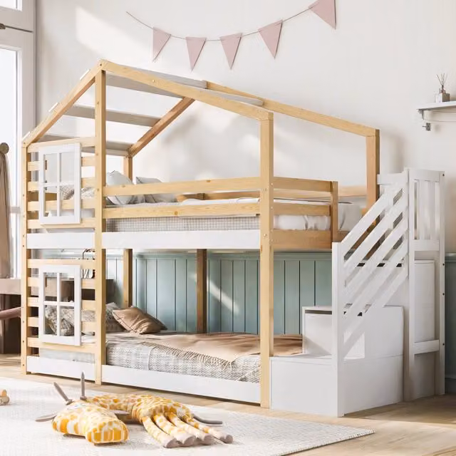 Letto a castello per bambini 90x200 a casetta con finestre in legno naturale e bianco