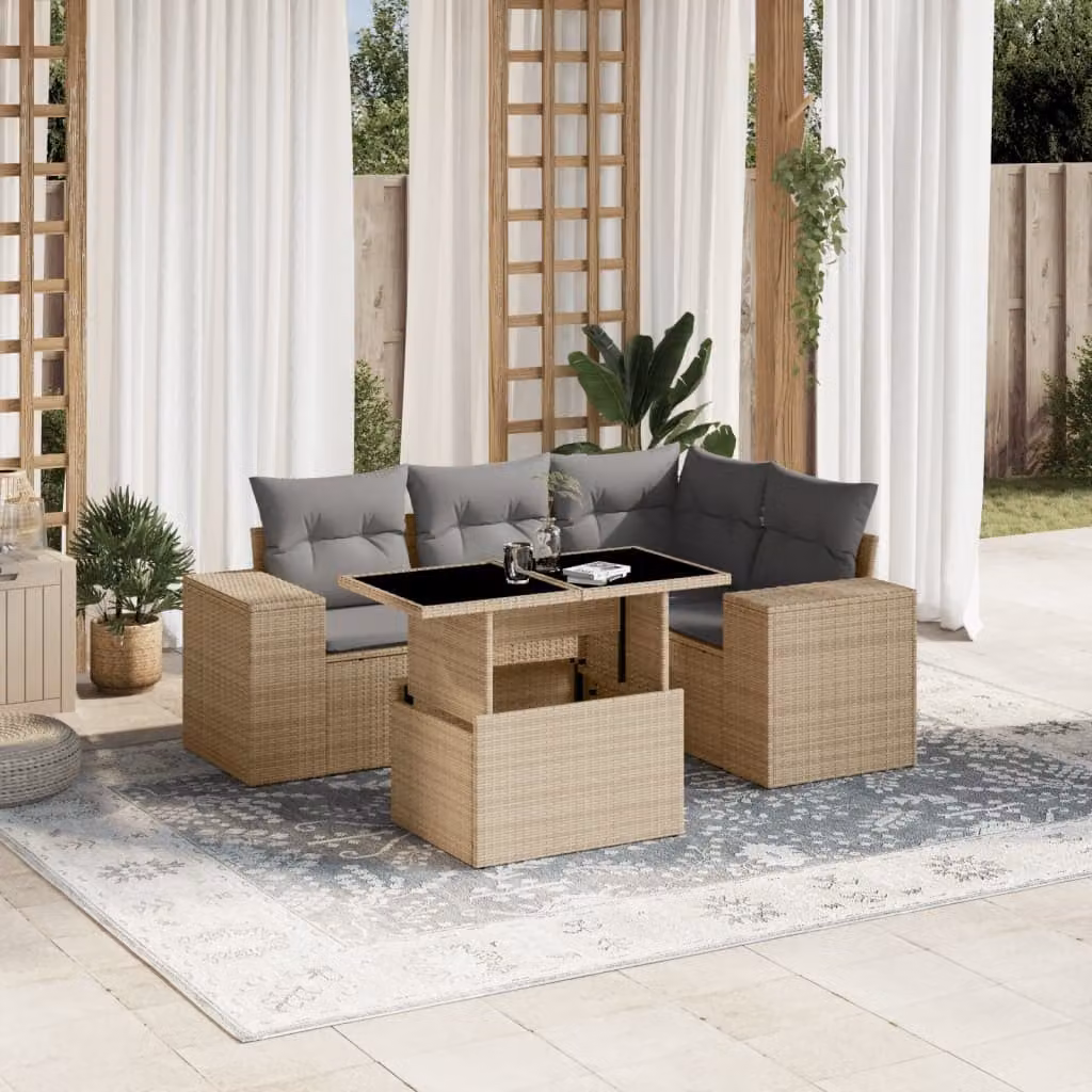 Set Divano da Giardino a L vidaXL 5 pz con Cuscini Beige e Tavolino in Polyrattan e Metallo – 1