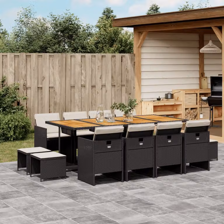 vidaXL Set da Pranzo da Giardino 13pz in Polyrattan e Legno di Acacia con Cuscini Nero