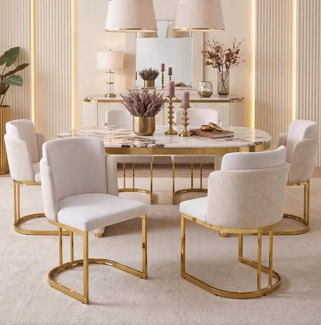 2 sedie da pranzo in chenille beige e oro; con gambe in metallo galvanizzato