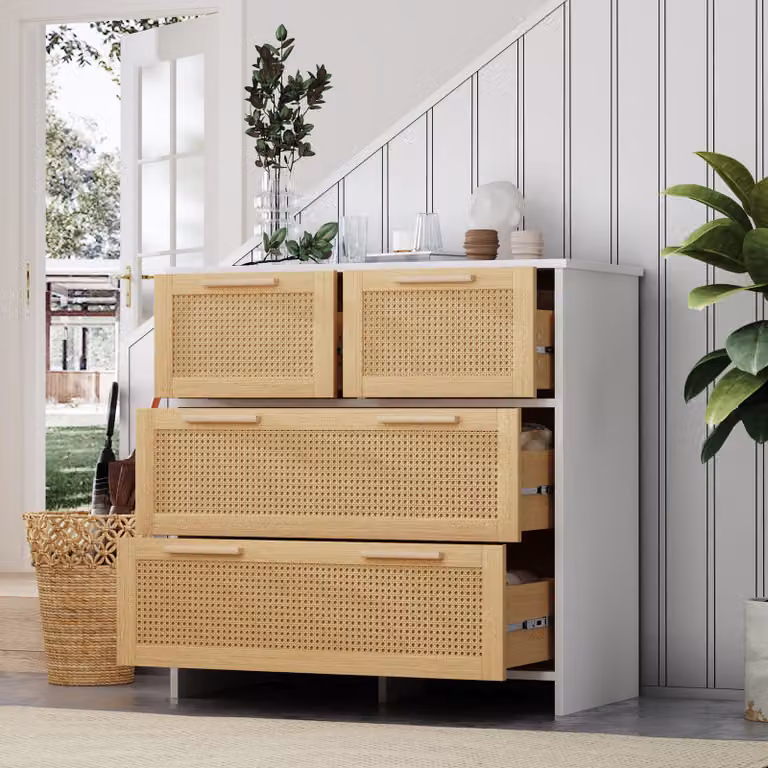 Cassettiera Flieks con 4 cassetti, credenza in rattan con maniglie in legno massiccio, mobile da soggiorno con cassetti, finitura naturale, bianco