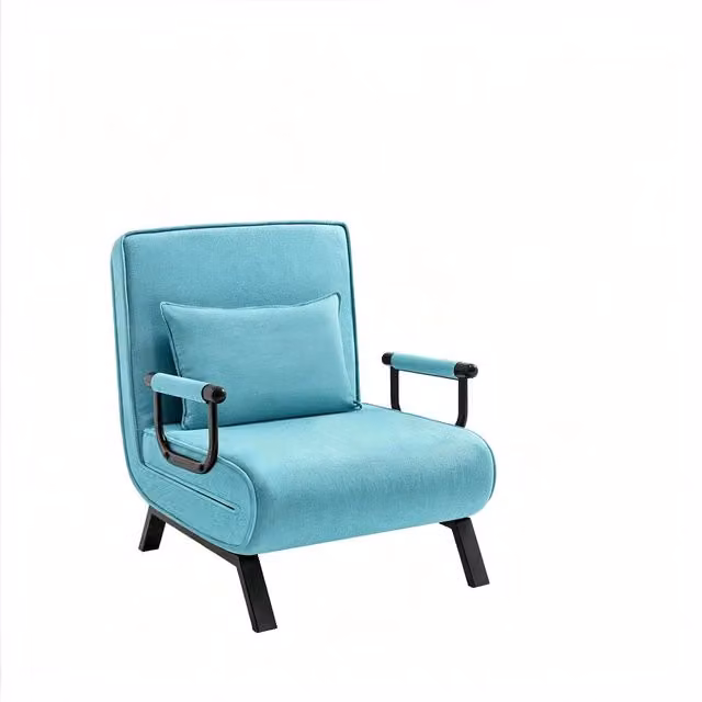 Sedia letto pieghevole REDOM in lino blu e turchese con struttura in metallo e imbottitura in spugna, L/P/H: 190 x 74 x 82 cm