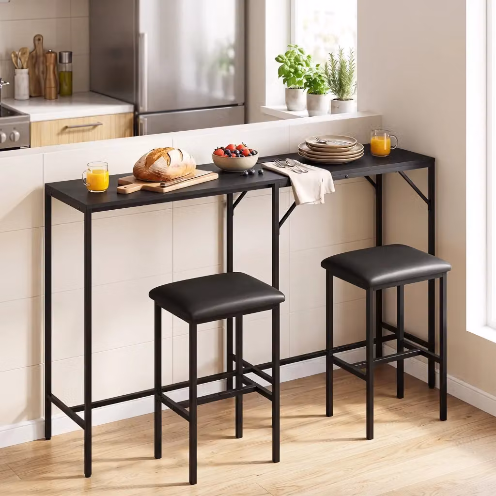 Set tavolo da bar moderno con 2 sgabelli imbottiti e stazione di ricarica, penisola per cucina e ristorante in legno e metallo, Nero e Marrone – 2