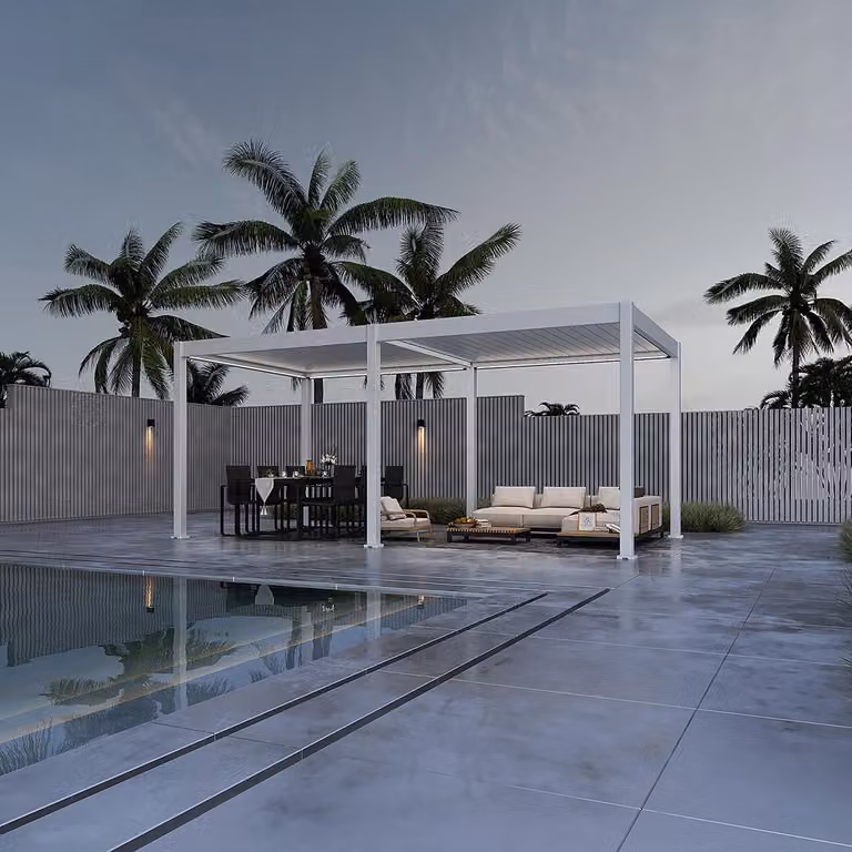 Pergola elettrica Weide E-Deluxe interamente in alluminio, 3x6 m, con tetto a lamelle bianco