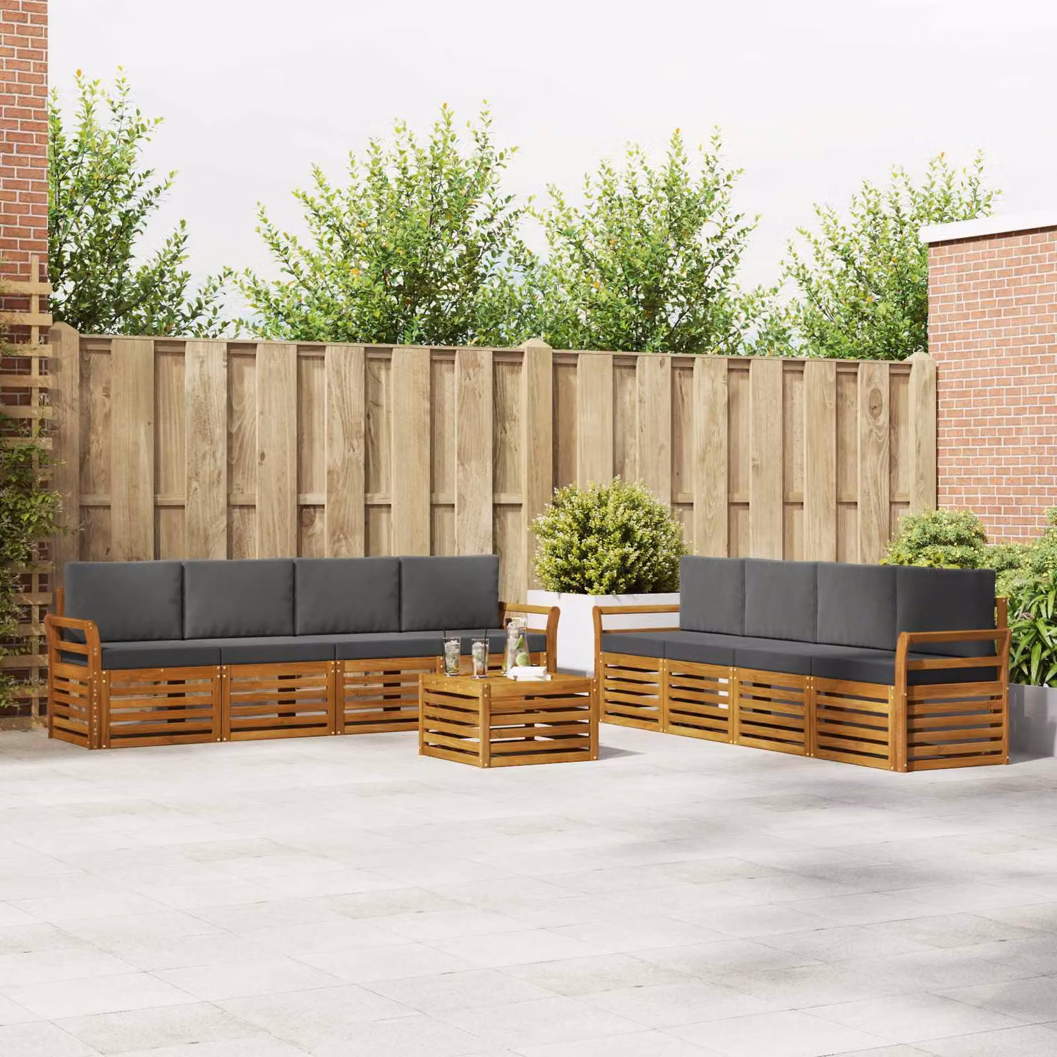 vidaXL Set di divani da esterno a forma di U composto da 9 pezzi in legno di acacia con cuscini, colori beige e antracite