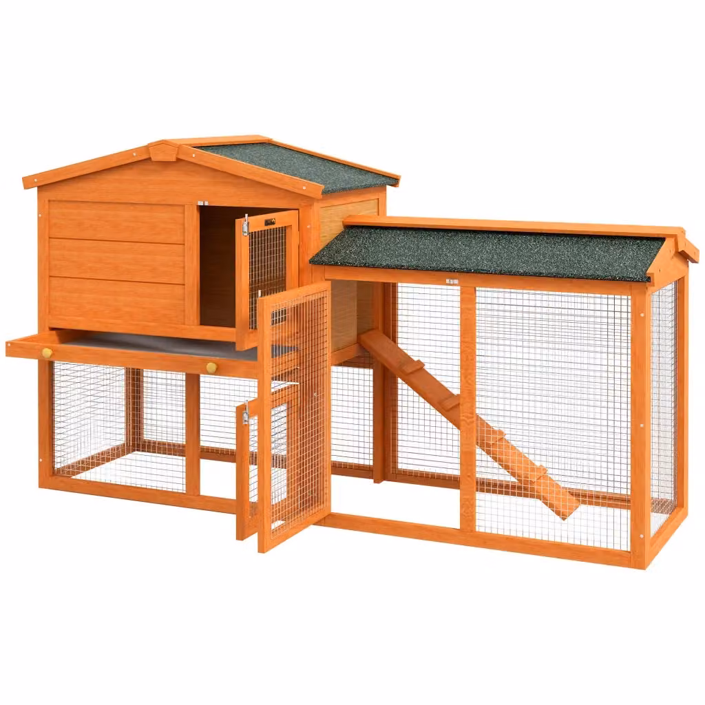 Gabbia per conigli grande Minimal in legno con rifinitura impermeabile, colore arancione e marrone, L: 150 cm, P: 45 cm, H: 85 cm – 2