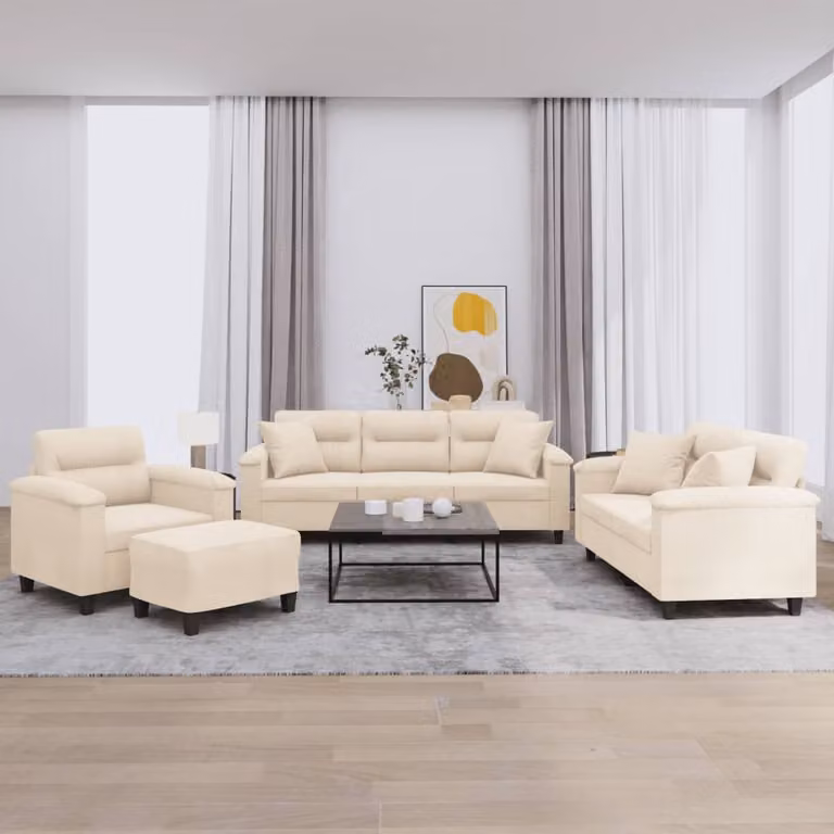Set di divani vidaXL 4 pezzi in microfibra beige con pouf e cuscini per soggiorno