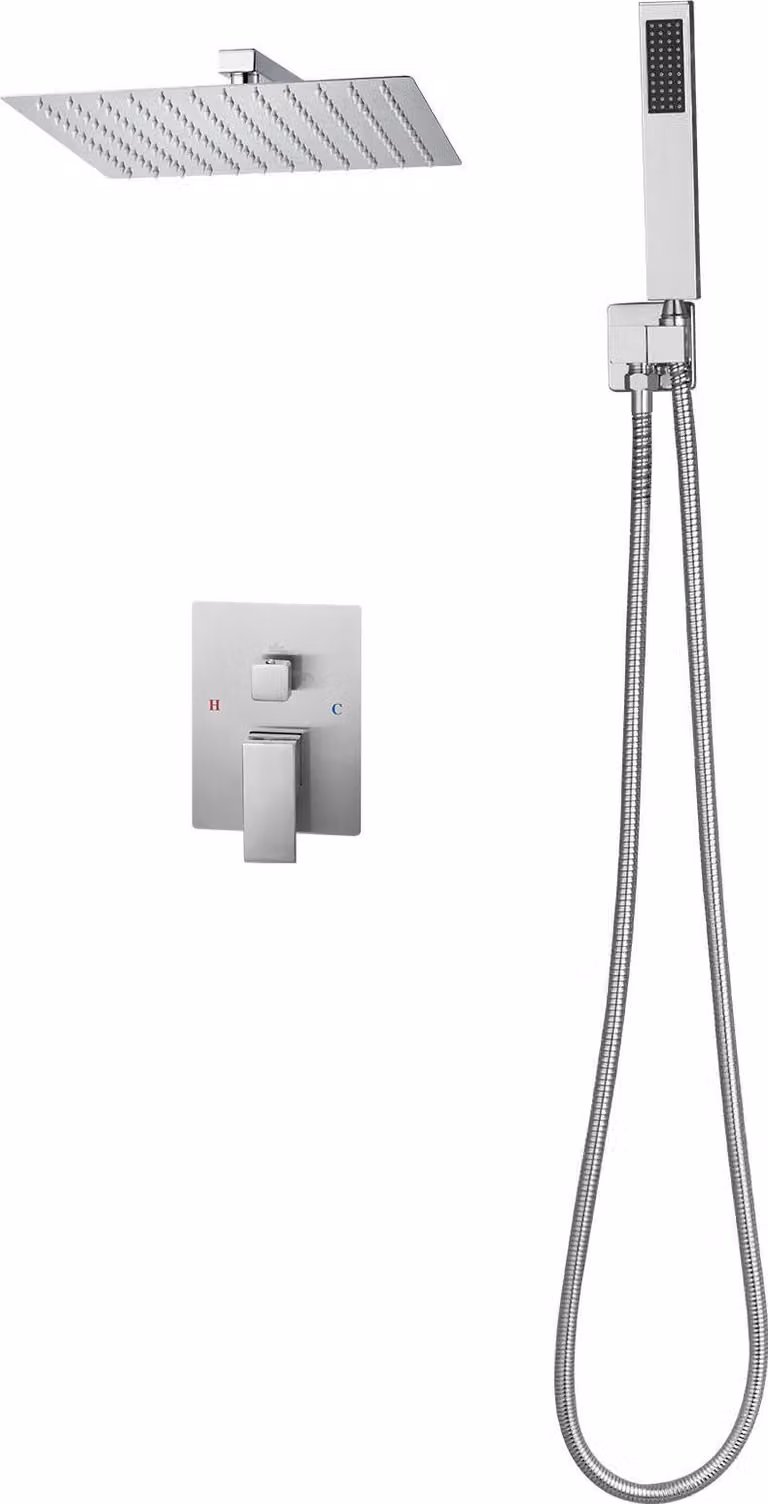 SucceBuy miscelatore doccia a pioggia per il bagno con soffione a pioggia quadrato da 305 mm e doccetta, sistema doccia a parete con valvola in ottone e set decorativo, finitura nichel spazzolato