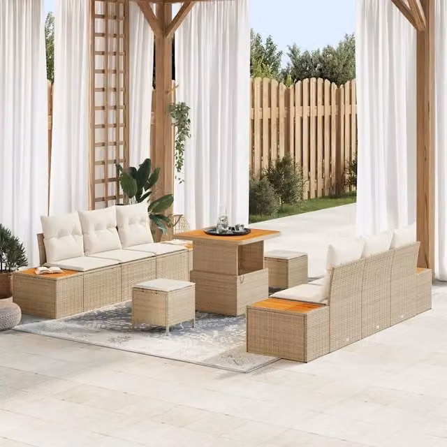 Set Divano da Giardino vidaXL a 8 Posti con Cuscini Beige e Tavolino, Design Moderno a Forma di U in Rattan e Metallo