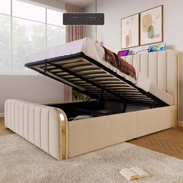 Letto Imbottito Contenitore Matrimoniale ¨C MINIMAL ¨C Beige, Idraulico, USB, 140x200