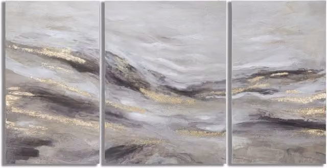 Trittico su tela Monty Vikasa Home paesaggio astratto moderno grigio, bianco e oro, L: 150 cm, H: 80 cm – 1
