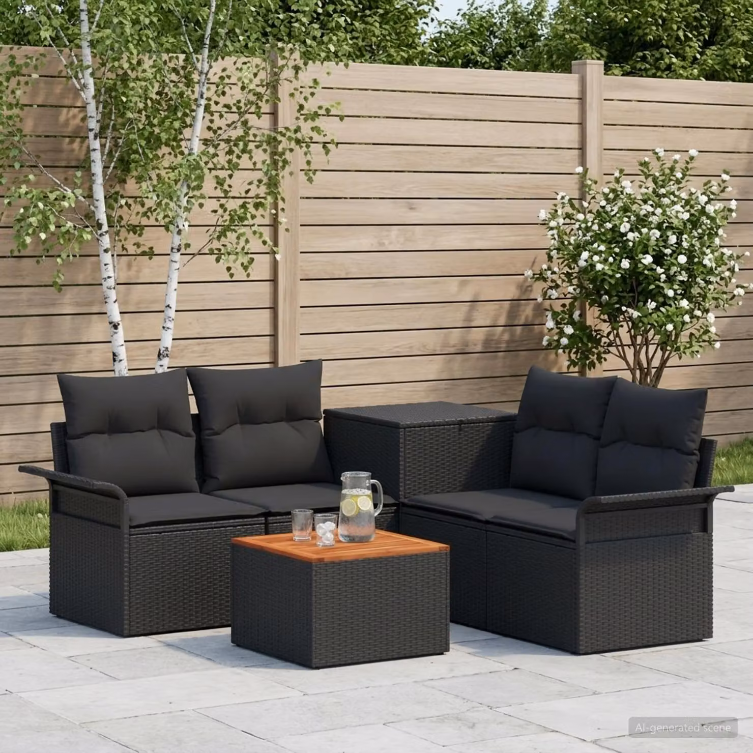 Set di divani da giardino vidaXL a 6 posti con tavolino e pouf, design moderno a L, colore nero