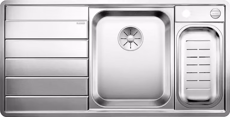 BLANCO Axis III 6 S-IF - Lavello - acciaio inox liscio - 1 vasca e 1/2 - scarico a sinistra - autodrenante - senza sifone - piano in vetro - piattino in acciaio inox