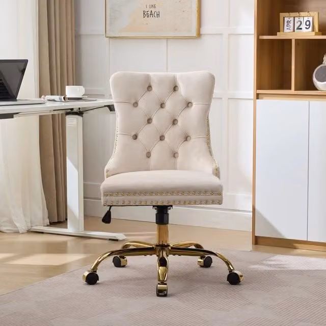 Poltrona da Ufficio Girevole MINIMAL in Velluto Beige con Base in Metallo Dorato
