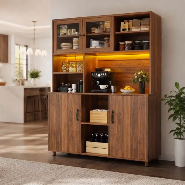 Mobile alto ULEVR 140x40x185 cm in MDF color noce con ante scorrevoli in vetro, LED smart, USB e 3 ripiani regolabili