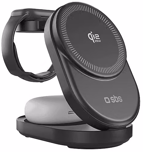 Stazione di ricarica wireless 3 in 1 SBS con tecnologia Qi2.2 da 25 W per iPhone, Apple Watch e cuffie, Nero