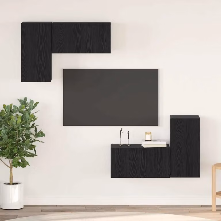 Set mobile TV moderno vidaXL da 4 pezzi in legno ingegnerizzato e rovere, colore nero, montaggio a parete, L: 60 cm, P: 30 cm, H: 30 cm